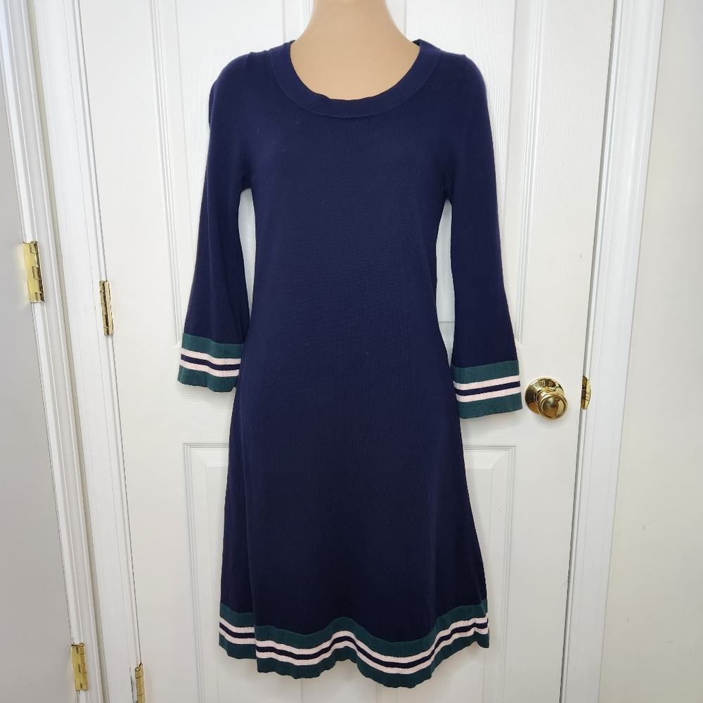 Boden Trudy Knit Midi Dress Navy Blue with Pink Green Trim Bell Sleeves Size 8